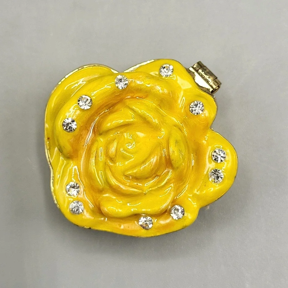 Work of Art Mini Trinket Pill Box Enamel Rose Rhinestone Yellow Shelf Decor